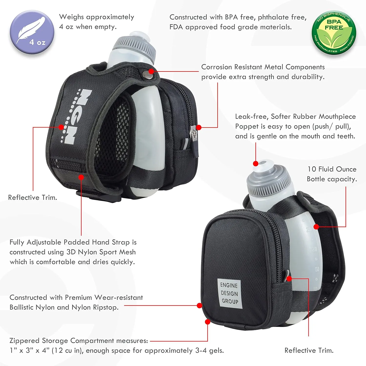 NGN Sport - Running Water Bottle Handheld | Hydration Bottle & Pack with Zippered Pocket - 10 oz