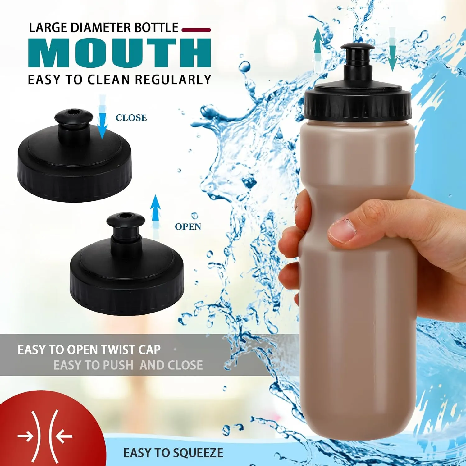 Nitial Sports Water Bottles Bulk 22 oz Reusable Sports Squeeze Water Bottles Blank Plastic Easy to Open with Pull Cap for Bike Cages for Gym Fitness Dishwasher Safe
