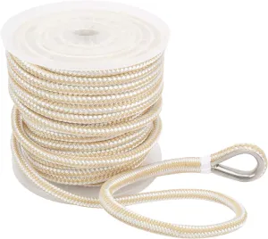 NovelBee 1/2 Inch X 100 Feet Double Braid Nylon Anchor Line with Stainless Steel Thimble and Plastic Chuck (White/Gold)