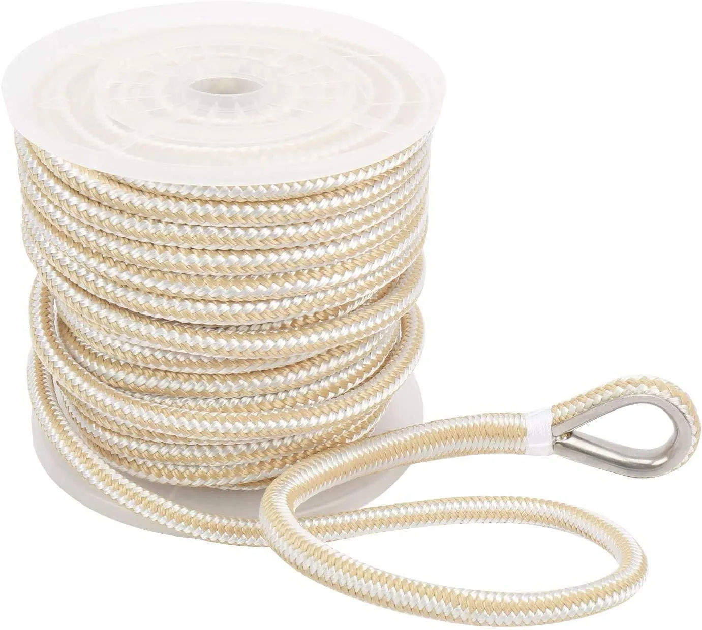 NovelBee 1/2 Inch X 150 Feet Double Braid Nylon Anchor Line with Stainless Steel Thimble and Plastic Chuck
