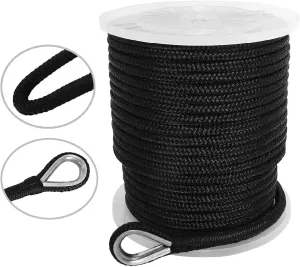 NovelBee 1/2 Inch X 300 Feet Double Braid Nylon Anchor Line with Stainless Steel Thimble and Plastic Chuck (Black)