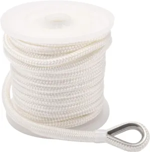 NovelBee 1/2 Inch X 50 Feet Double Braid Nylon Anchor Line with Stainless Steel Thimble and Plastic Chuck (White)