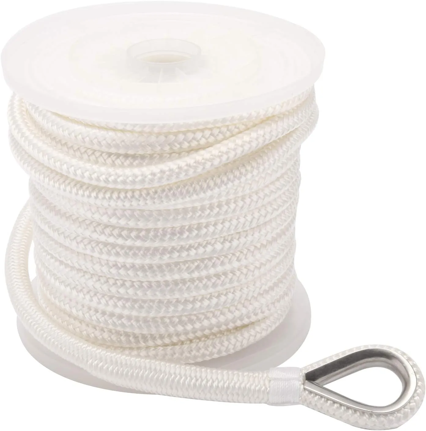NovelBee 1/2 Inch X 50 Feet Double Braid Nylon Anchor Line with Stainless Steel Thimble and Plastic Chuck (White)