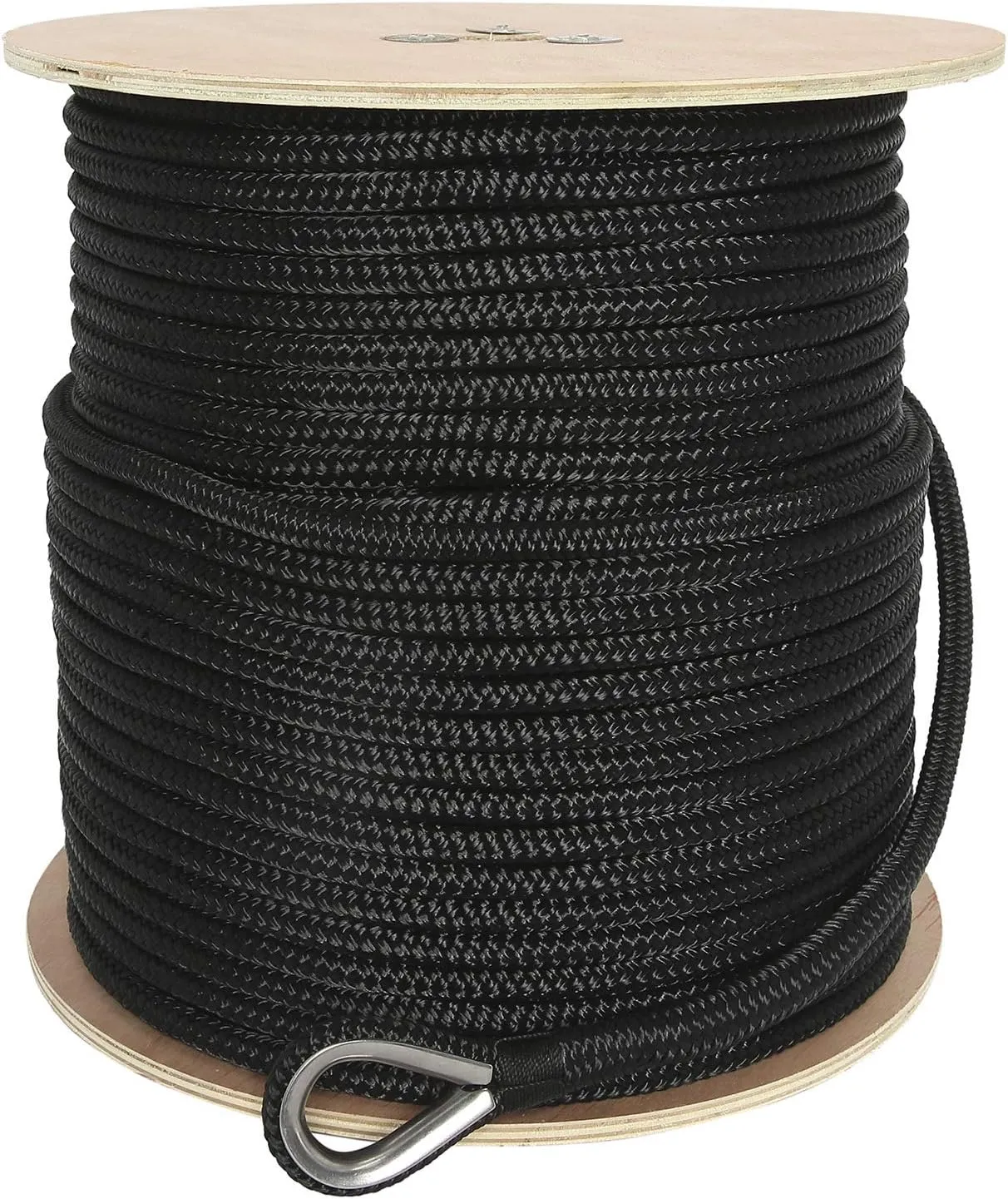 NovelBee 1/2 Inch X 600 Feet Double Braid Nylon Anchor Line with Stainless Steel Thimble and Wood Chuck (Black)