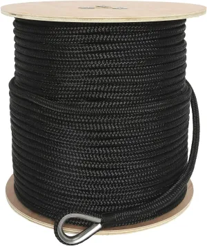 NovelBee 1/2 Inch X 600 Feet Double Braid Nylon Anchor Line with Stainless Steel Thimble and Wood Chuck (Black)