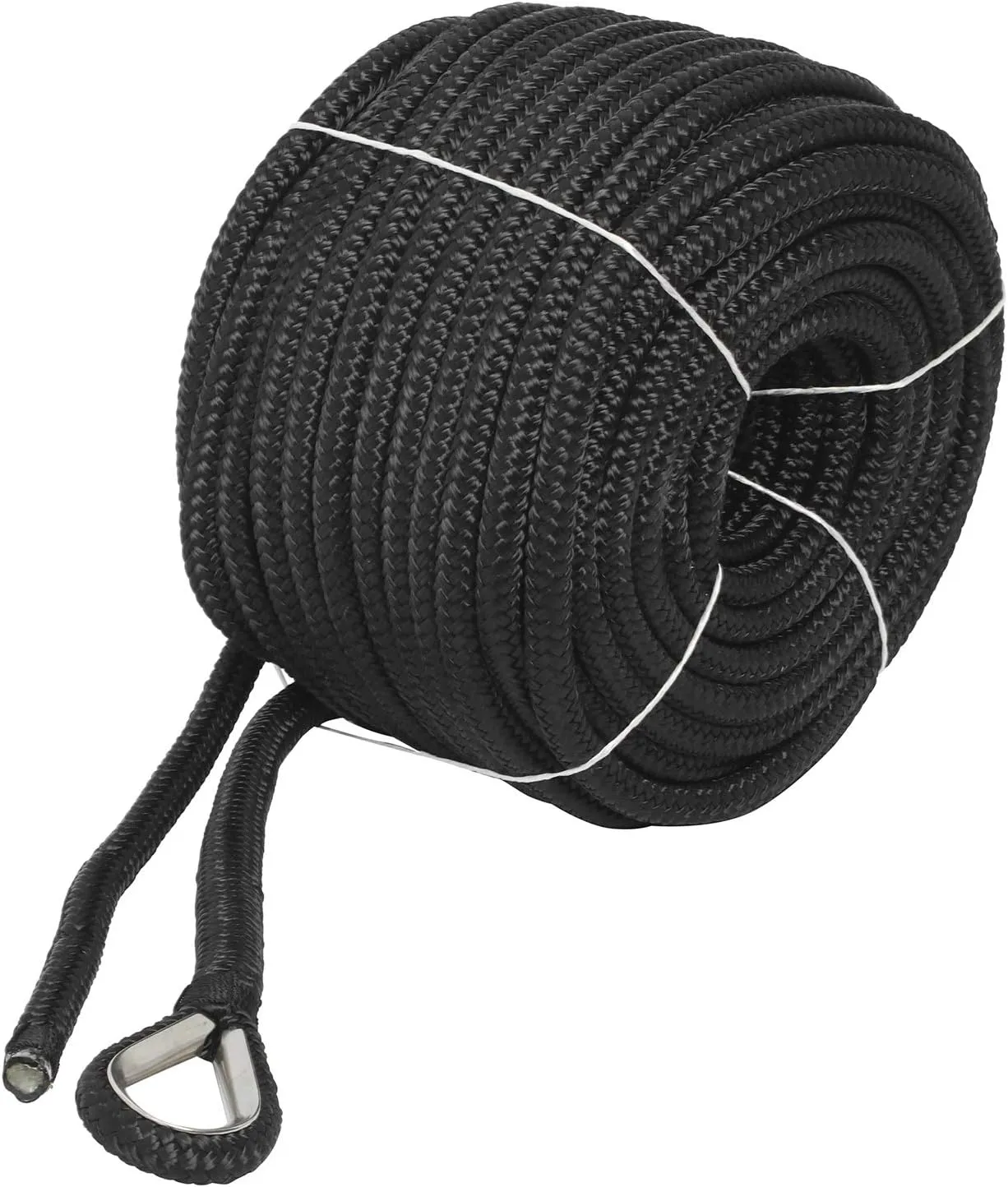 NovelBee 1/2" x 100' Double Braid Nylon Anchor Line with Stainless Steel Thimble,Safe Workload:1,020 Lbs;Tensile Strength:5,100 Lbs (Black)