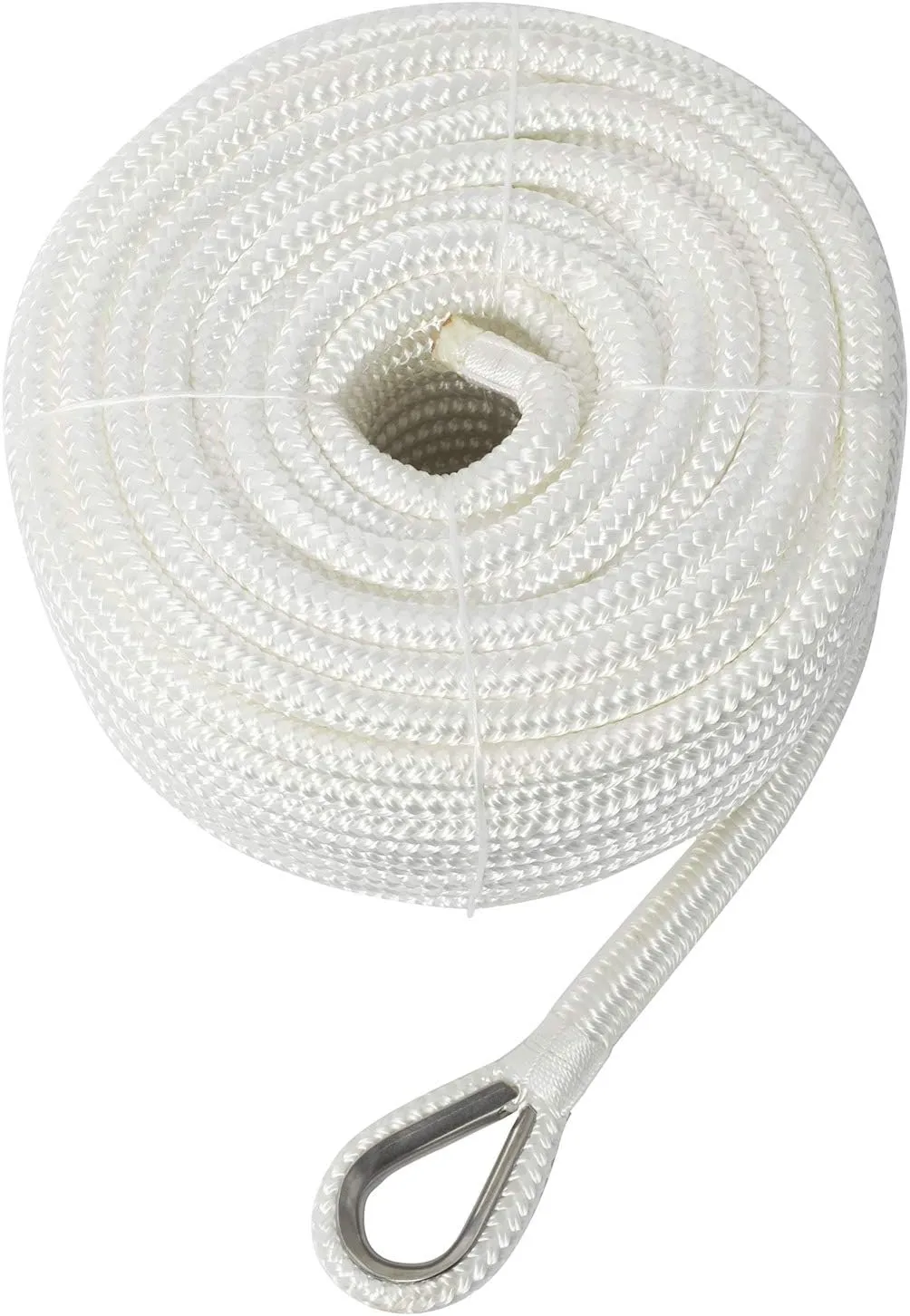 NovelBee 1/2" x 100' Double Braid Nylon Anchor Line with Stainless Steel Thimble,Safe Workload:1,020 Lbs;Tensile Strength:5,100 Lbs (White)