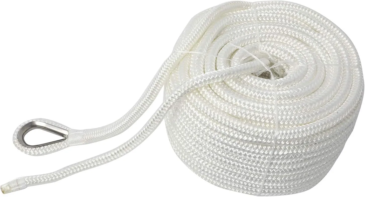 NovelBee 1/2" x 150' Double Braid Nylon Anchor Line with Stainless Steel Thimble,Safe Workload:1,020 Lbs;Tensile Strength:5,100 Lbs