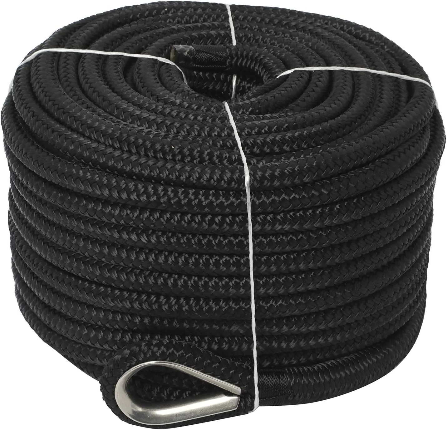 NovelBee 1/2" x 200' Double Braid Nylon Anchor Line with Stainless Steel Thimble,Safe Workload:1,020 Lbs;Tensile Strength:5,100 Lbs (Black)