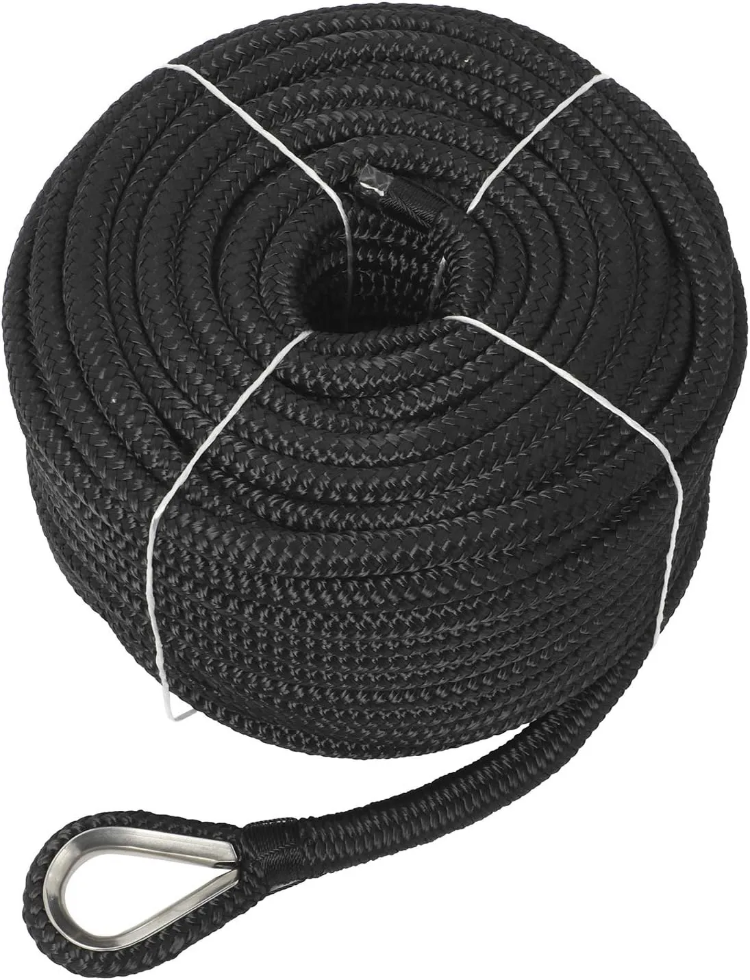 NovelBee 1/2" x 200' Double Braid Nylon Anchor Line with Stainless Steel Thimble,Safe Workload:1,020 Lbs;Tensile Strength:5,100 Lbs (Black)