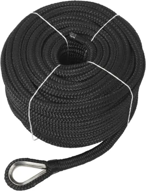 NovelBee 1/2" x 200' Double Braid Nylon Anchor Line with Stainless Steel Thimble,Safe Workload:1,020 Lbs;Tensile Strength:5,100 Lbs (Black)