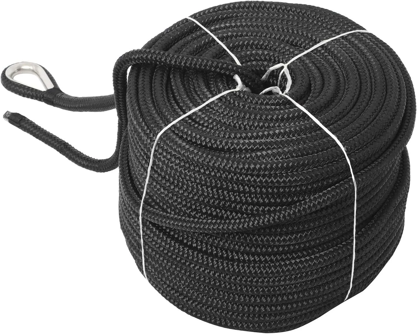 NovelBee 1/2" x 300' Double Braid Nylon Anchor Line with Stainless Steel Thimble,Safe Workload:1,020 Lbs;Tensile Strength:5,100 Lbs (Black)
