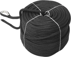 NovelBee 1/2" x 300' Double Braid Nylon Anchor Line with Stainless Steel Thimble,Safe Workload:1,020 Lbs;Tensile Strength:5,100 Lbs (Black)