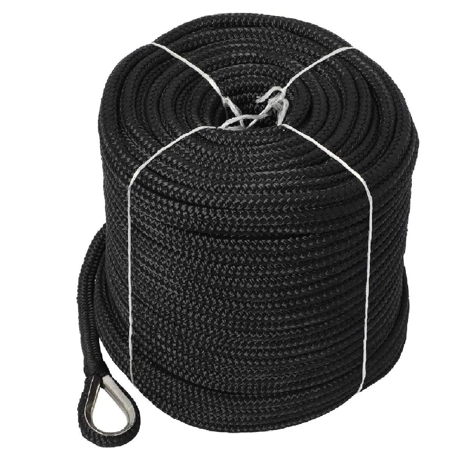 NovelBee 1/2" x 600' Double Braid Nylon Anchor Line with Stainless Steel Thimble,Safe Workload:1,020 Lbs;Tensile Strength:5,100 Lbs (Black)