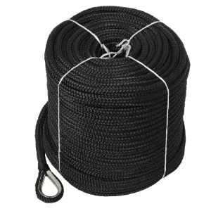 NovelBee 1/2" x 600' Double Braid Nylon Anchor Line with Stainless Steel Thimble,Safe Workload:1,020 Lbs;Tensile Strength:5,100 Lbs (Black)