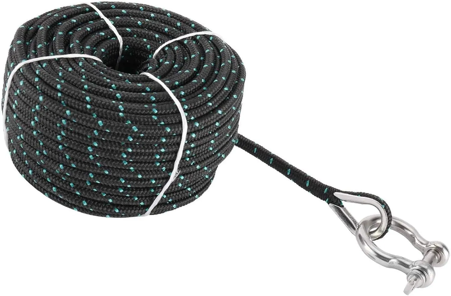 NovelBee 3/16 Inch X 100 Feet Double Braid Nylon Anchor Line with Stainless Steel Thimble and Hook (Black/Green)
