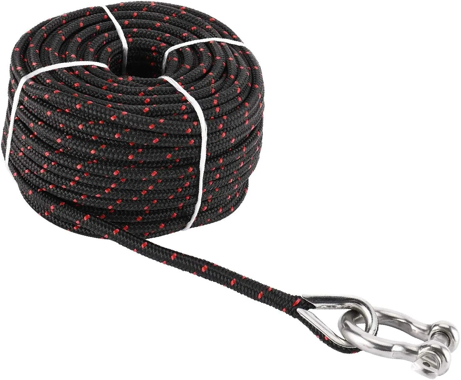 NovelBee 3/16 Inch X 100 Feet Double Braid Nylon Anchor Line with Stainless Steel Thimble and Hook (Black/Red)