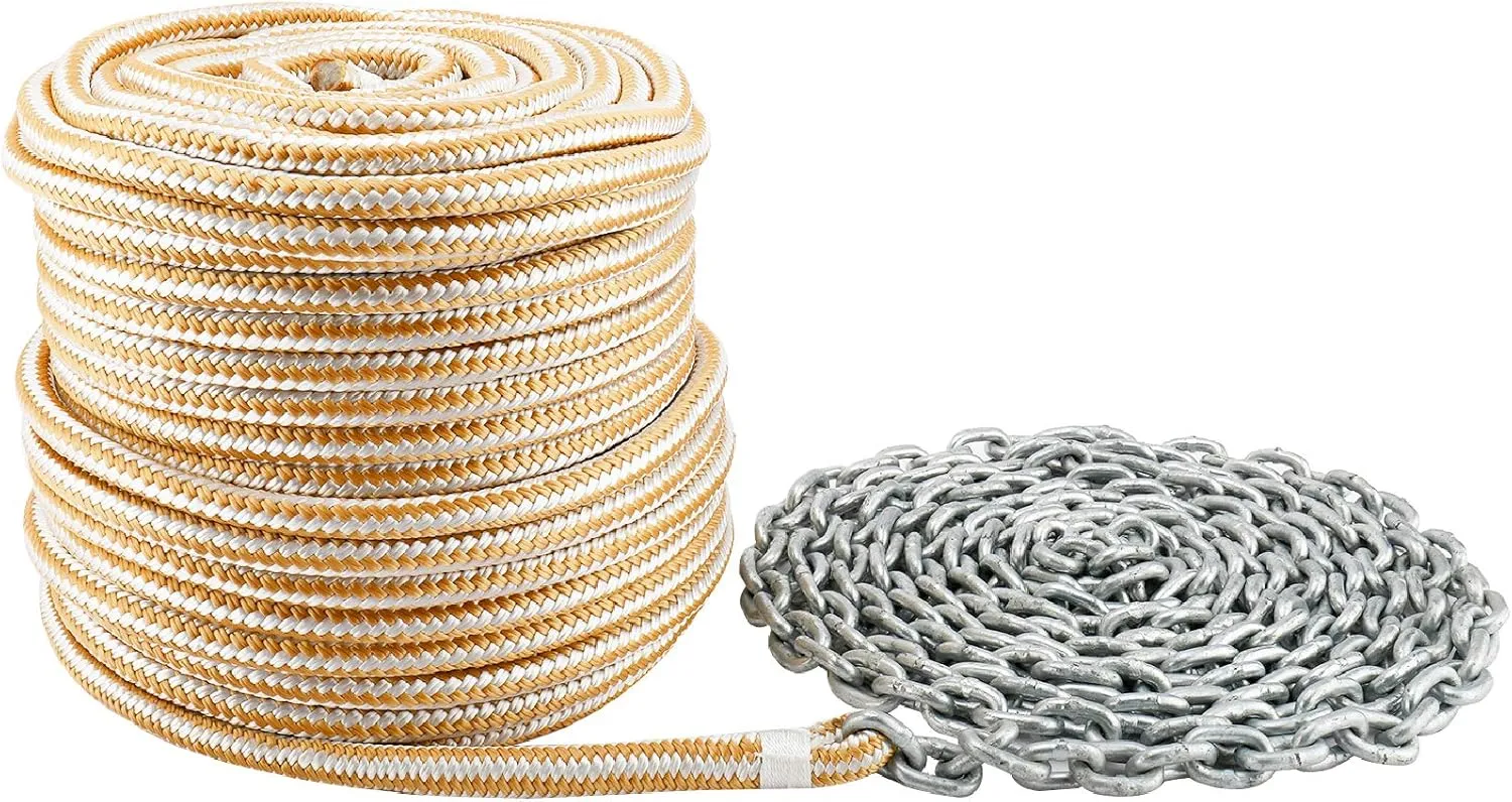 NovelBee 3/8 Inch x 100 Feet Double Braid Nylon Rope with 1/4 Inch x 15 Feet Galvanized Chain for Boat Anchor Rope and Dock Line