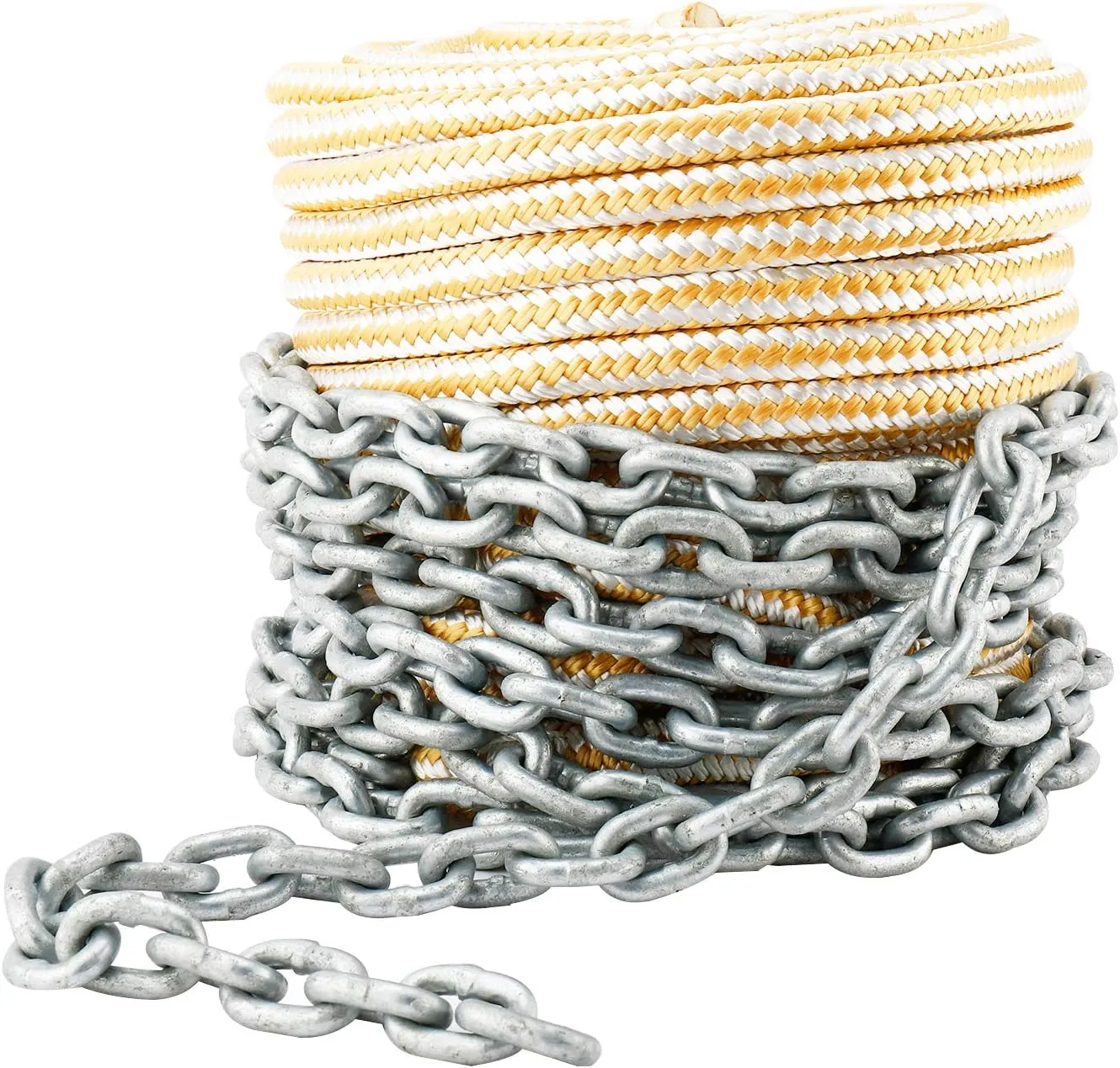 NovelBee 3/8 Inch x 100 Feet Double Braid Nylon Rope with 1/4 Inch x 15 Feet Galvanized Chain for Boat Anchor Rope and Dock Line
