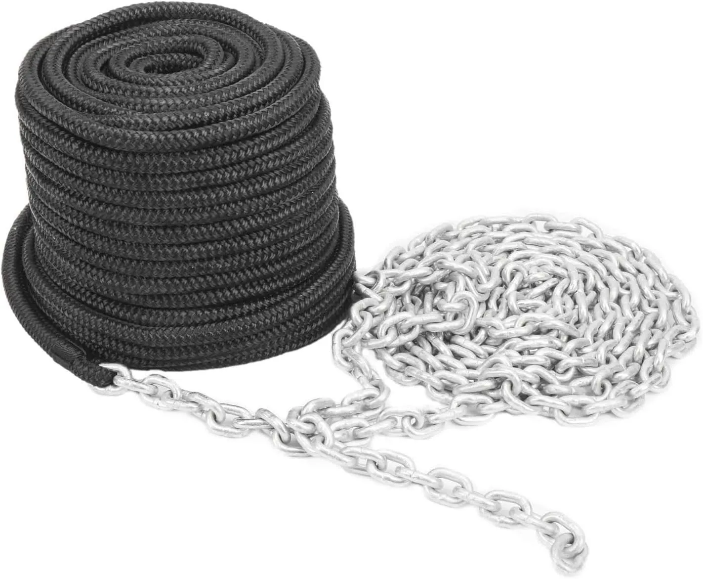 NovelBee 3/8 Inch x 100 Feet Double Braid Nylon Rope with 1/4 Inch x 15 Feet Galvanized Chain for Boat Anchor Rope and Dock Line