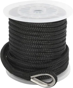 NovelBee 3/8 Inch X 150 Feet Double Braid Nylon Anchor Line with Stainless Steel Thimble and Plastic Chuck (Black)