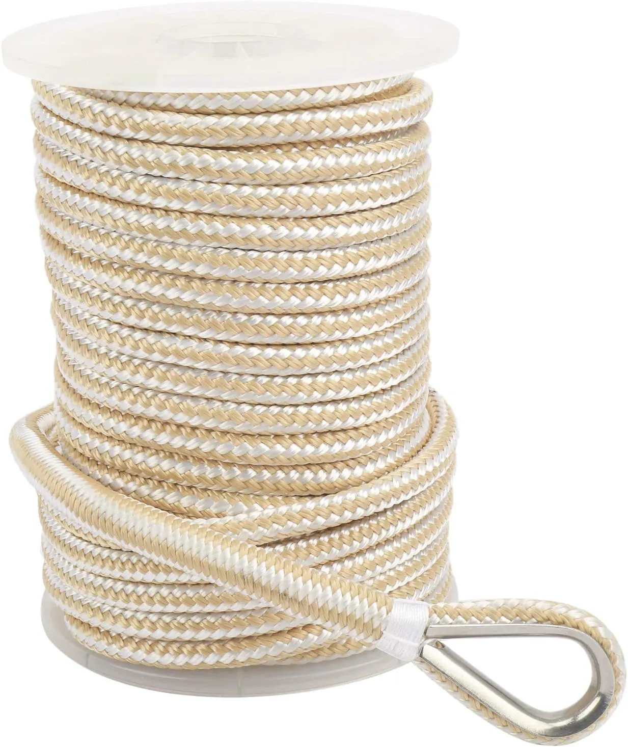 NovelBee 3/8 Inch X 200 Feet Double Braid Nylon Anchor Line with Stainless Steel Thimble and Plastic Chuck (White/Gold)