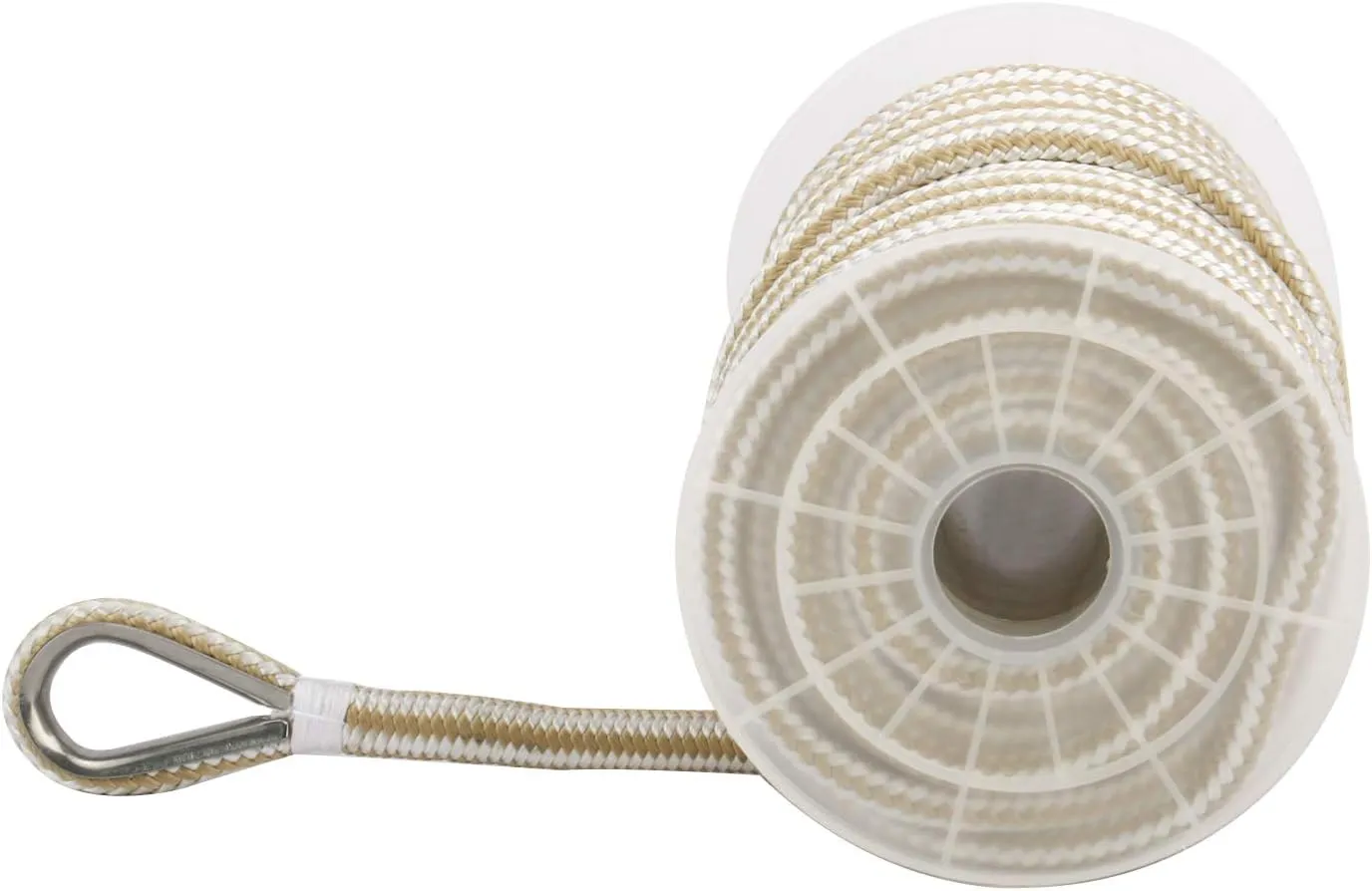 NovelBee 3/8 Inch X 200 Feet Double Braid Nylon Anchor Line with Stainless Steel Thimble and Plastic Chuck (White/Gold)