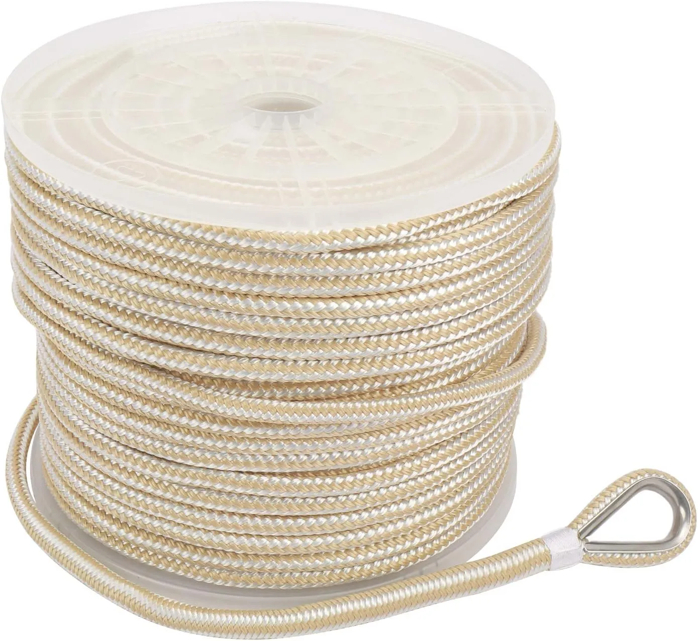 NovelBee 3/8 Inch X 300 Feet Double Braid Nylon Anchor Line with Stainless Steel Thimble and Plastic Chuck