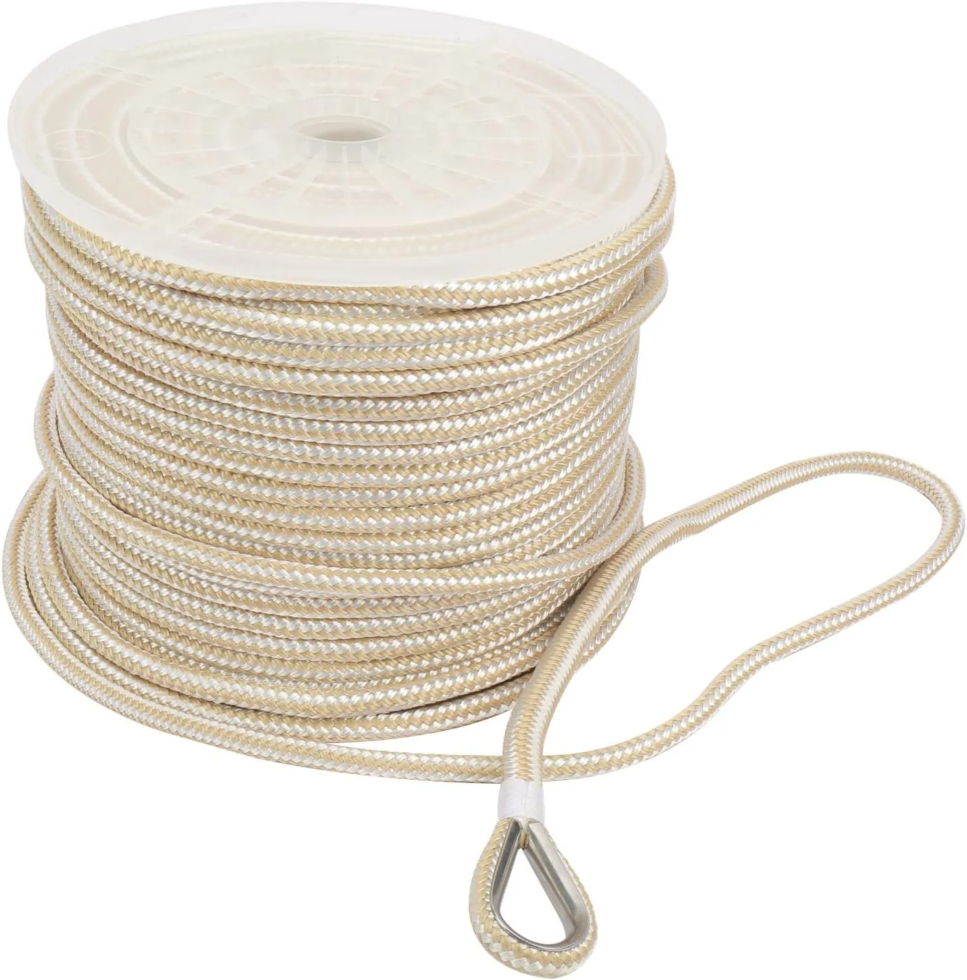 NovelBee 3/8 Inch X 300 Feet Double Braid Nylon Anchor Line with Stainless Steel Thimble and Plastic Chuck