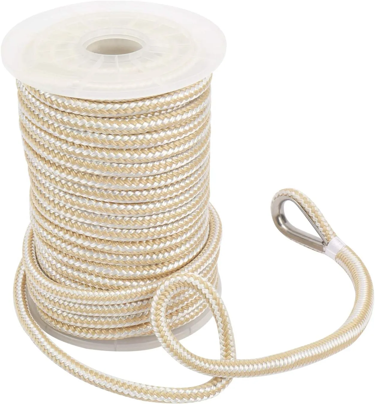 NovelBee 3/8 Inch X 50 Feet Double Braid Nylon Anchor Line with Stainless Steel Thimble and Plastic Chuck (White/Gold)