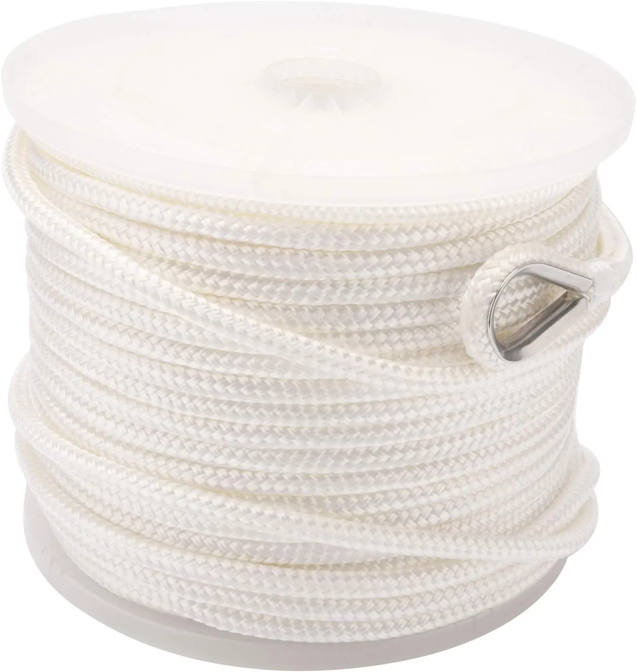 NovelBee 3/8 Inch X 600 Feet Double Braid Nylon Anchor Line with Stainless Steel Thimble and Plastic Chuck (White)
