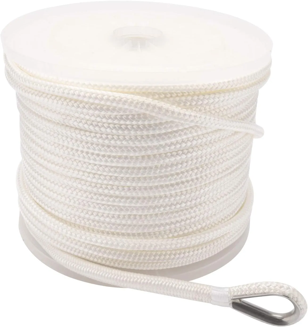 NovelBee 3/8 Inch X 600 Feet Double Braid Nylon Anchor Line with Stainless Steel Thimble and Plastic Chuck (White)