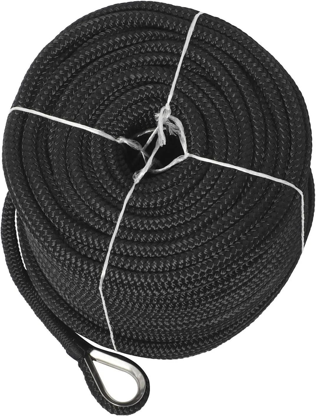NovelBee 3/8" x 200' Double Braid Nylon Anchor Line with Stainless Steel Thimble (Black)