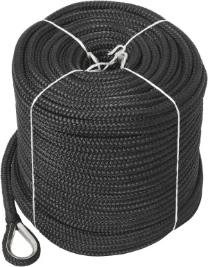NovelBee 3/8" x 200' Double Braid Nylon Anchor Line with Stainless Steel Thimble (Black)