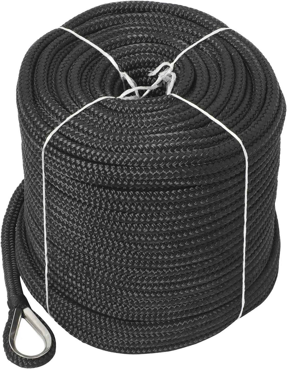 NovelBee 3/8" x 200' Double Braid Nylon Anchor Line with Stainless Steel Thimble (Black)