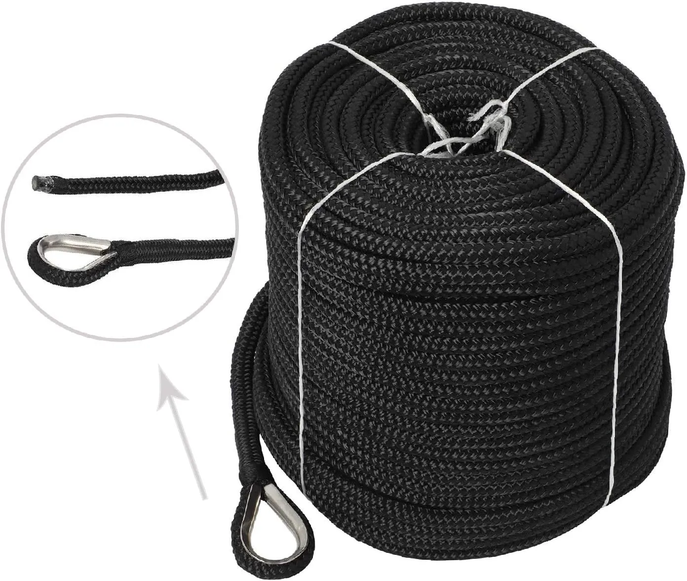 NovelBee 3/8" x 300' Double Braid Nylon Anchor Line with Thimble (Black)