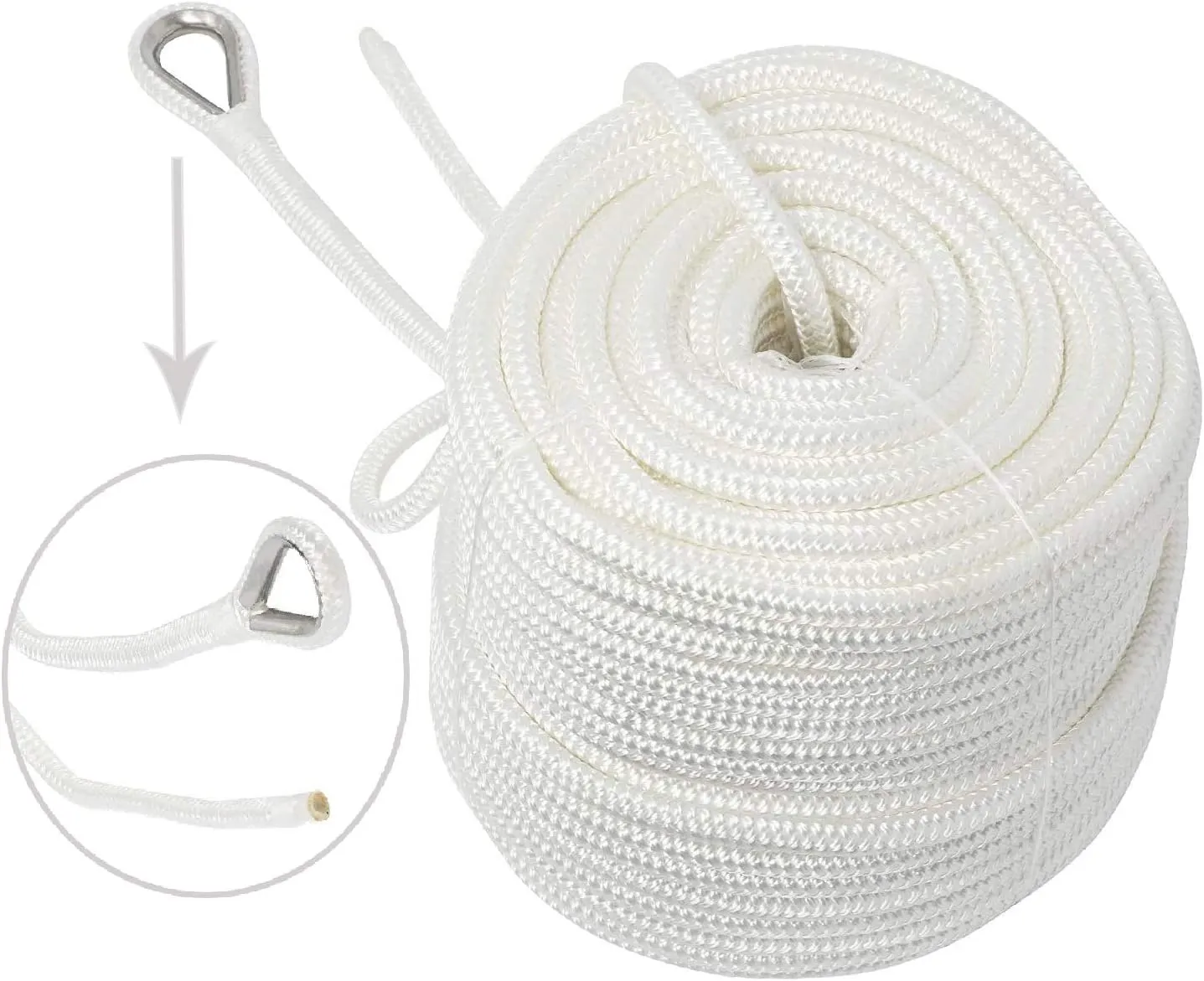 NovelBee 3/8" x 300' Double Braid Nylon Anchor Line with Thimble (White)