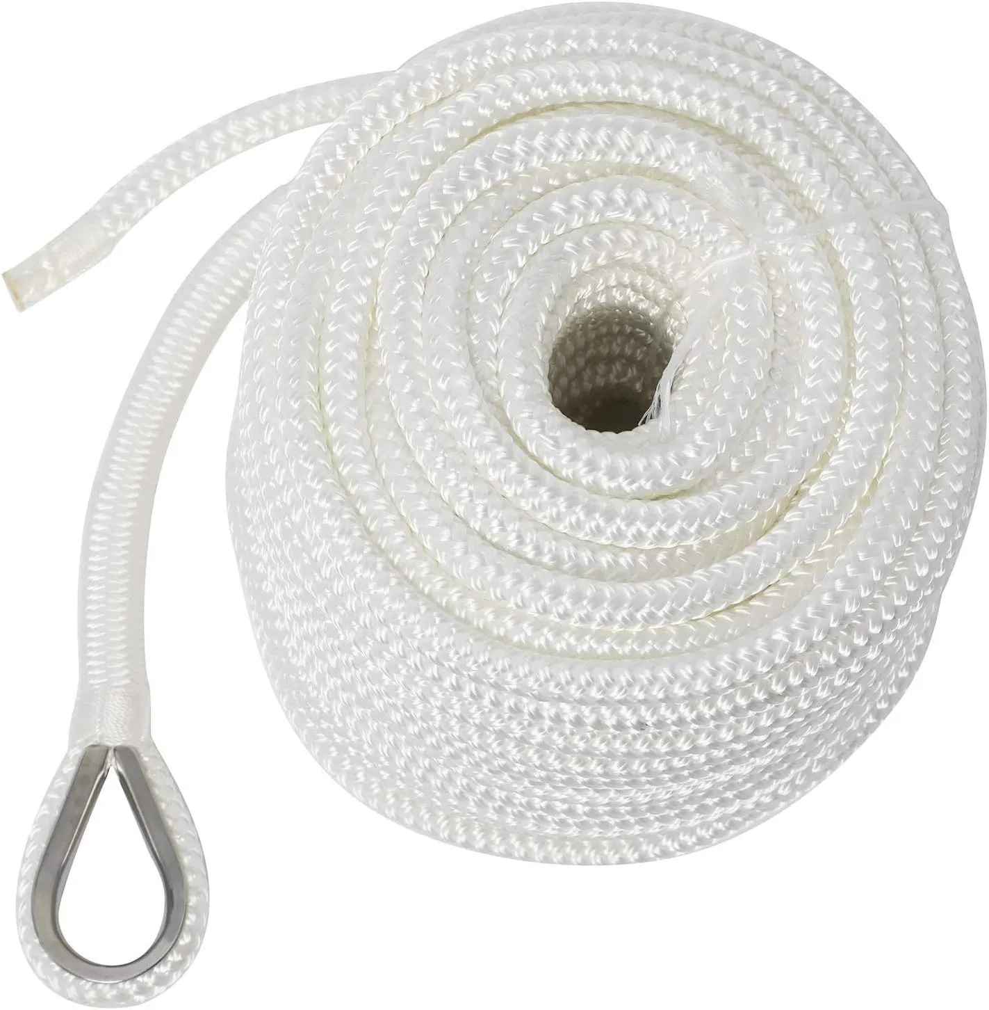 NovelBee 3/8" x 50' Double Braid Nylon Anchor Line with Thimble (White)
