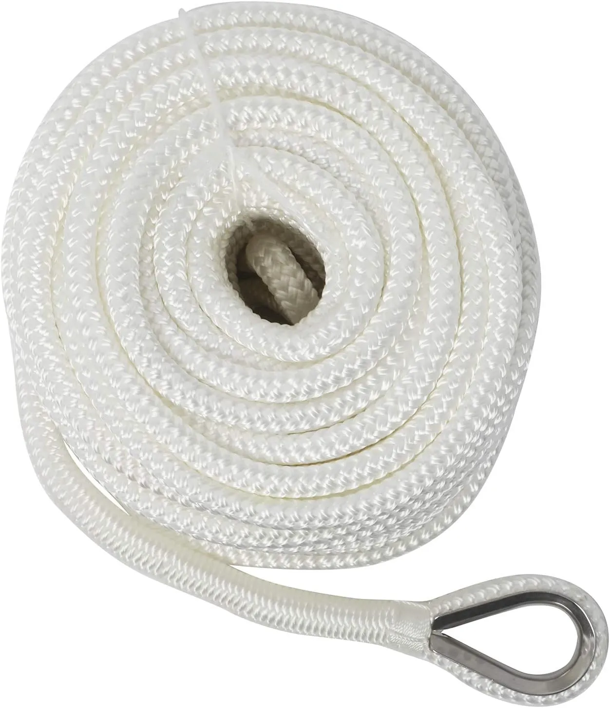 NovelBee 3/8" x 50' Double Braid Nylon Anchor Line with Thimble (White)