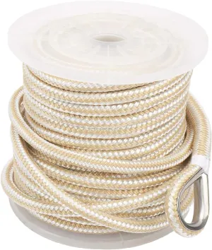 NovelBee 5/8 Inch X 300 Feet Double Braid Nylon Anchor Line with Stainless Steel Thimble and Plastic Chuck (White/Gold)