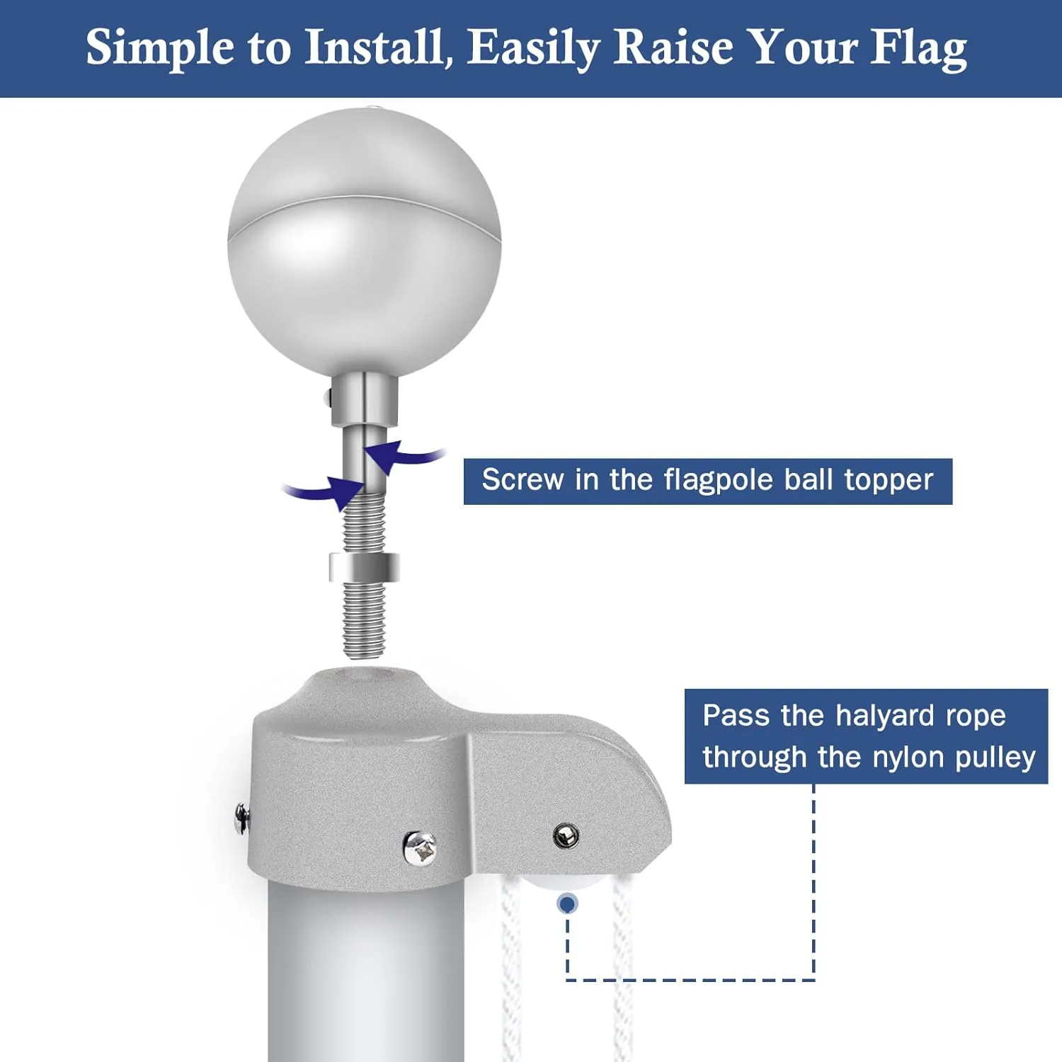 NQ Flagpole Hardware Repair Parts Kit,50 Feet Halyard Rope 3" Silver Ball 6" Zinc Alloy Cleat 4 Metal Swivel Snap Clips Aluminum Alloy Flagpole Truck with Nylon Pulley for 1.6"-2" Flag Poles