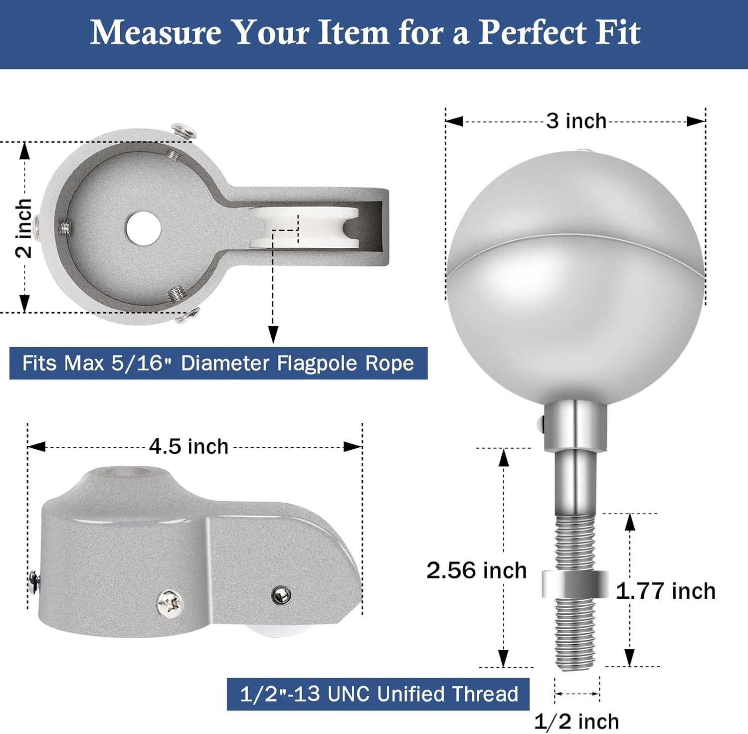 NQ Flagpole Hardware Repair Parts Kit,50 Feet Halyard Rope 3" Silver Ball 6" Zinc Alloy Cleat 4 Metal Swivel Snap Clips Aluminum Alloy Flagpole Truck with Nylon Pulley for 1.6"-2" Flag Poles