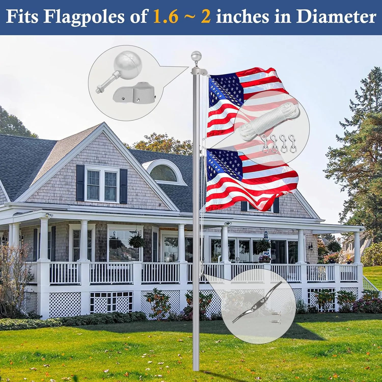 NQ Flagpole Hardware Repair Parts Kit,50 Feet Halyard Rope 3" Silver Ball 6" Zinc Alloy Cleat 4 Metal Swivel Snap Clips Aluminum Alloy Flagpole Truck with Nylon Pulley for 1.6"-2" Flag Poles