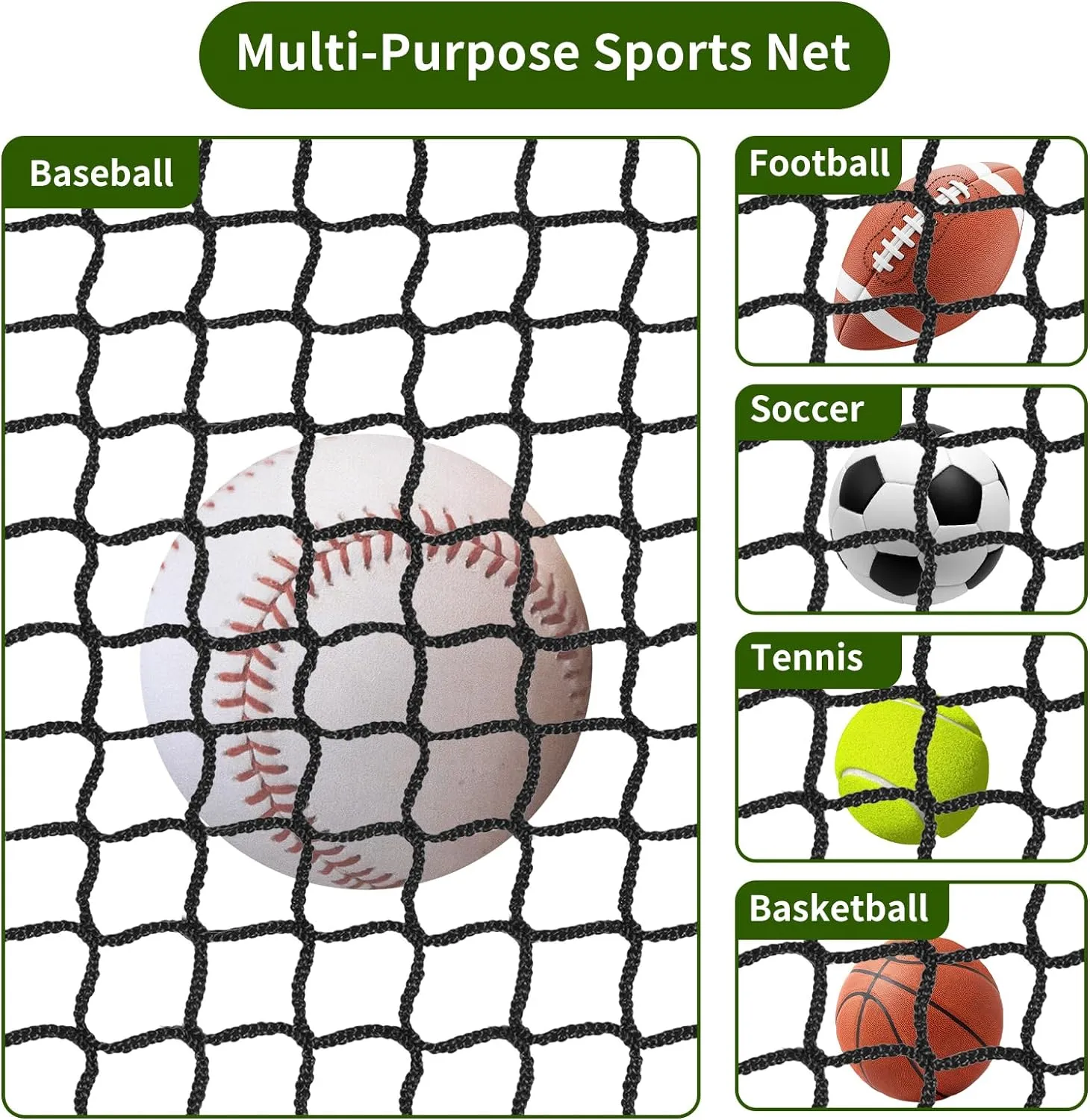 NQB Baseball Softball Backstop Nets - Heavy Duty Sports Nets, Sports Netting Barrier with 33FT Rope & Steel Hanging Kit, Sport Nets for ‎Baseball Basketball