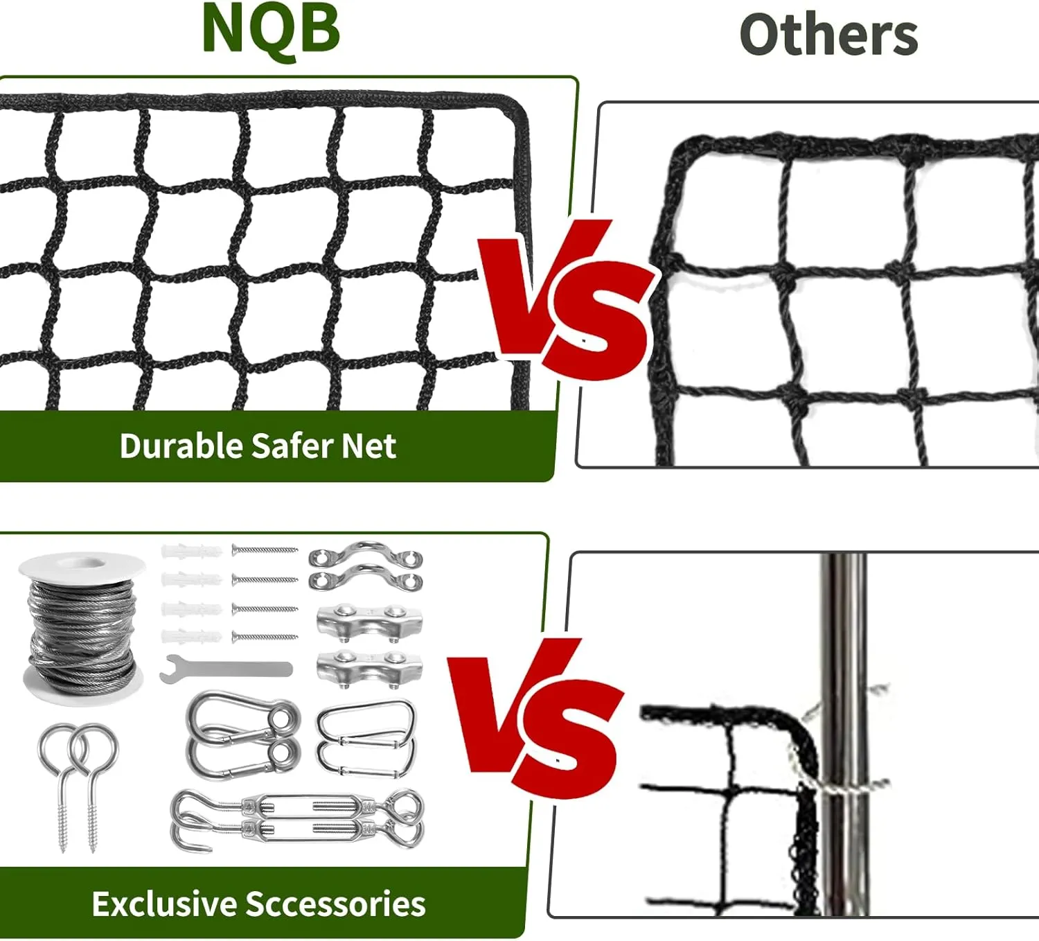 NQB Baseball Softball Backstop Nets - Heavy Duty Sports Nets, Sports Netting Barrier with 33FT Rope & Steel Hanging Kit, Sport Nets for ‎Baseball Basketball