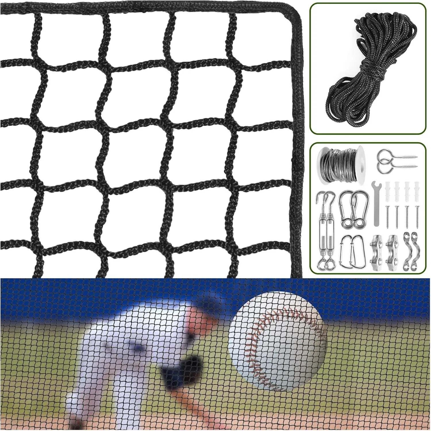 NQB Baseball Softball Backstop Nets - Heavy Duty Sports Nets, Sports Netting Barrier with 33FT Rope & Steel Hanging Kit, Sport Nets for ‎Baseball Basketball