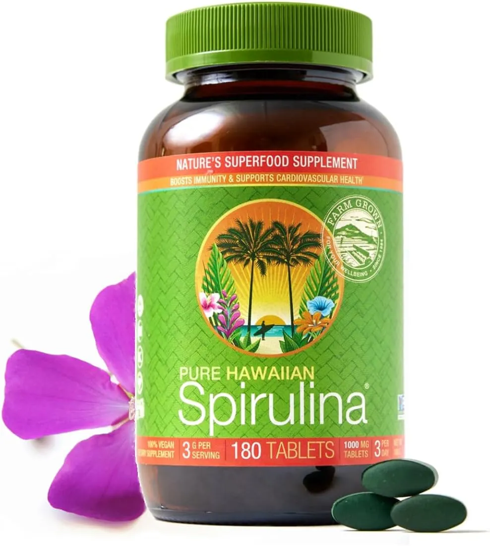 Nutrex Hawaii, Pure Hawaiian Spirulina - 1000 mg Tablets - Hawaiian Grown Natural, Nutrient Rich Superfood - Immune Support, Detox & Energy – Vegan Complete Protein, Non-GMO, Original, 180 Count