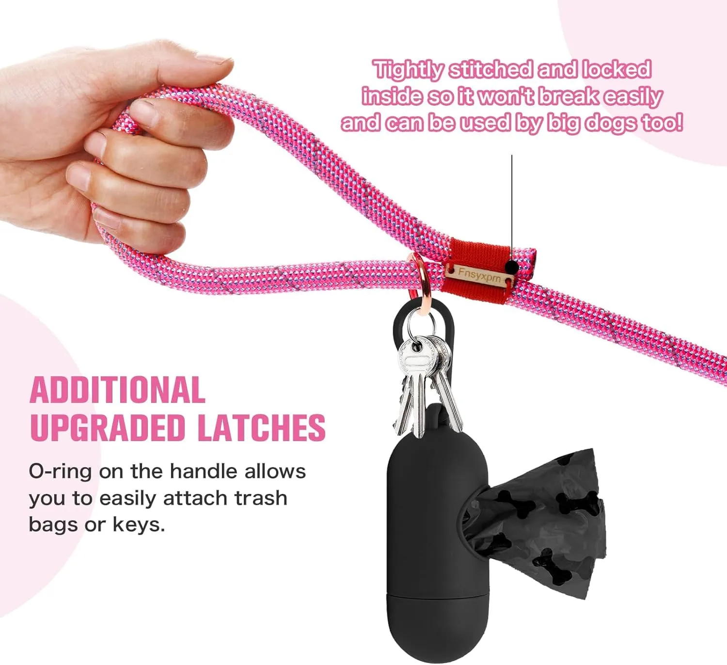 Nylon Rope Dog Leash Reflective, Handmade Braided Strong Dog Lead, Heavy Duty Rope Leash for Medium Large Dogs (5 FT - 3/5" Pink)
