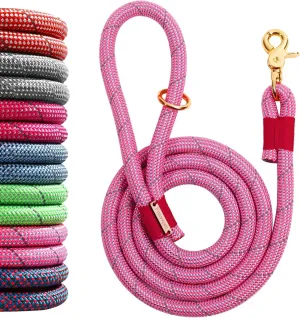Nylon Rope Dog Leash Reflective, Handmade Braided Strong Dog Lead, Heavy Duty Rope Leash for Medium Large Dogs (5 FT - 3/5" Pink)