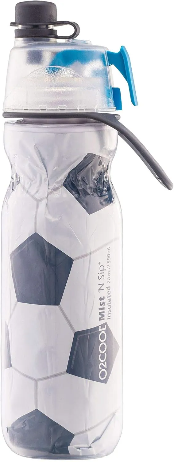 O2COOL Mist 'N Sip Misting Water Bottle 2-in-1 Mist And Sip Function With No Leak Pull Top Spout Reusable Sports Water Bottle - 20 oz (Soccer)